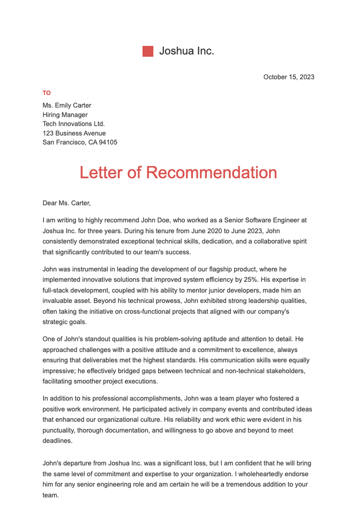 Professional letter of recommendation for Mary Thompson from Joshua Inc with contact details and_variant_1